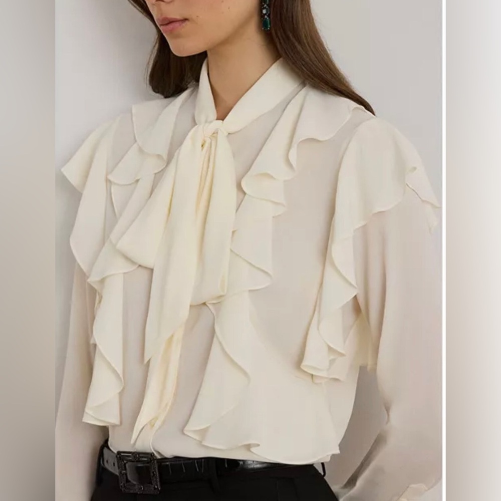 New Lauren Ralph Lauren Ruffle Trim Georgette Tie Neck Blouse XXL